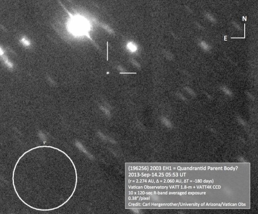 Co-added R-band image of the Quadrantids parent body (xxx) 2003 EH1 taken on 2013 Sep. xx.xx UT with the Vatican VATT 1.8-m. Credit: Carl Hergenrother/Vatican Obs./University of Arizona.