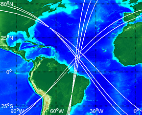 The overlap of the white curves, from three marginal infrasound detections, shows where the small asteroid 2014 AA likely hit. However, this preliminary plot does not take winds into account, which might shift the true impact point somewhat further east.